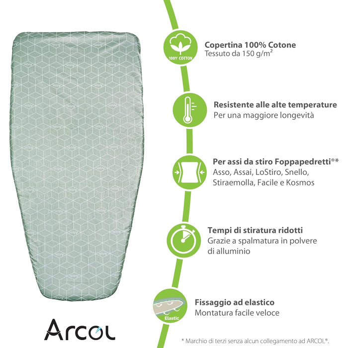 Чохол для прасувальної дошки Arcol з гумкою, сумісний з Foppapedretti, 100% бавовна (Бежевий/Зелений, сучасний малюнок) - Made in Italy