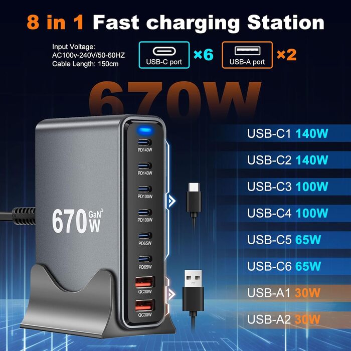 Зарядний пристрій USB-C 435W, 6 портів: для MacBook Pro/Air, iPad Pro/Air, Samsung та інших - Чорний