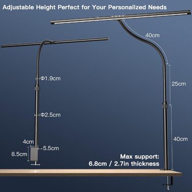 LED лампа настільна EYOCEAN 24W, 80 см, з керуванням жестами, регульоване денне світло, захист очей, для офісу, читання, архітекторів, дизайнерів, матовий чорний
