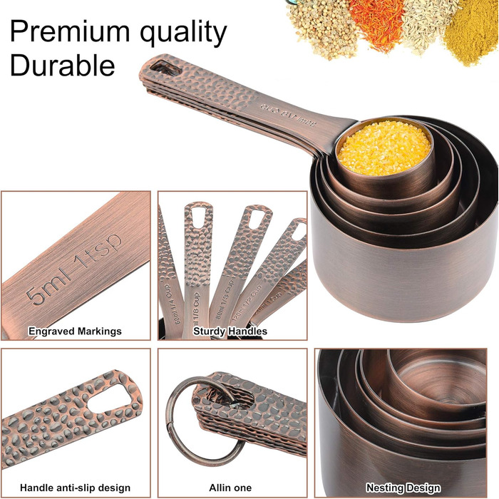 Copper Measuring Cups and Spoons Set, Stainless Steel Measuring Cups and Spoons Set for Baking and Kitchen, Cute Metal Measuring Cups and Spoons with Leveler and 1/8 Cup