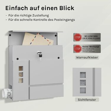 Поштовий ящик WOLTU XXL з відділенням для преси, захистом від реклами, оглядовим вікном, замком (2 ключі), антрацит (сірий) 37x37x10.5 см