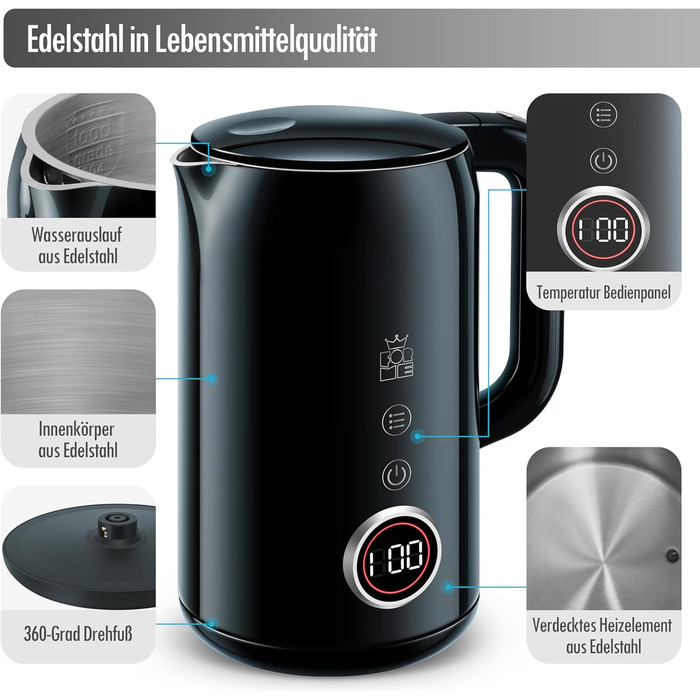 Електричний чайник ForMe з нержавіючої сталі, 1,7 л, регулювання температури 40-100°C, LED дисплей, функція підтримання тепла, BPA Free