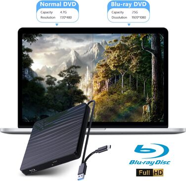 Зовнішній DVD-привід USB 3.0 та Type-C, портативний CD/DVD+/-RW записувач (Blu-ray) для ноутбука, ПК, MacBook, Windows, macOS, Linux