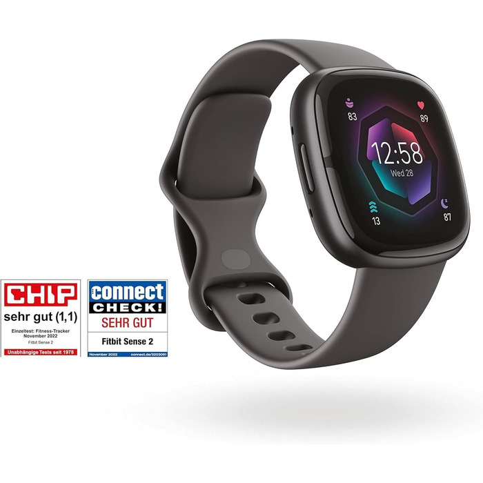Fitbit Sense 2 – Розумний годинник для жінок та чоловіків – Фітнес-трекер з GPS, телефоном, аналізом стресу, ЕКГ та сном – сумісний з Android/iOS (Графіт / Алюміній)