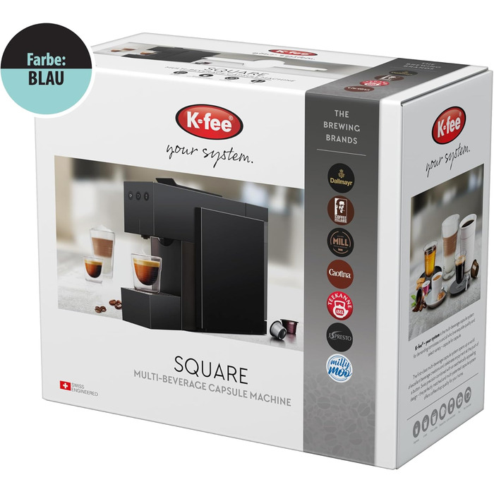 Капсульна кавомашина K-fee SQUARE для кави, чаю і какао, компактна, швидкий нагрів, 0,8 л, 19 бар, синя Tropical Blue