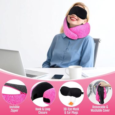 Подушка для шиї в літак | Подушка для подорожей Memory Foam | Подушка-восьминіжка дихаюча + пральна | Подушка для шиї в літак, авто, офіс | Регульована, компактна | з берушами, маскою для сну, сумкою для перенесення
