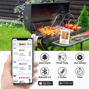 Bluetooth термометр для кухні ThermoPro TP25H2 з таймером, сигналом, 4 зондами, для м'яса, гриля та духовки, 150 м