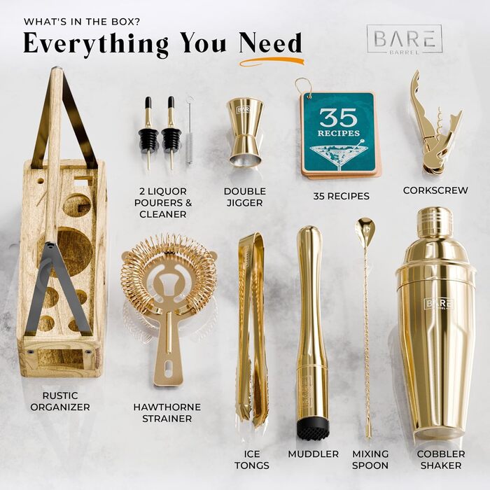 Набір бармена для приготування коктейлів, 12 предметів: шейкер, інструменти, підставка, рецепти. Преміум якість, подарунковий набір для дому (Золотий, 680 мл)