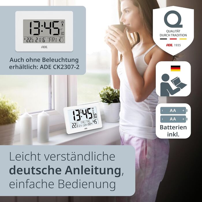 Digital XL Radio Clock with Very Large Numbers | Alarm Clock with 2 Alarm Times and Backlight | Thermometer Hygrometer | Slim Frame Made of Real (White Wood)