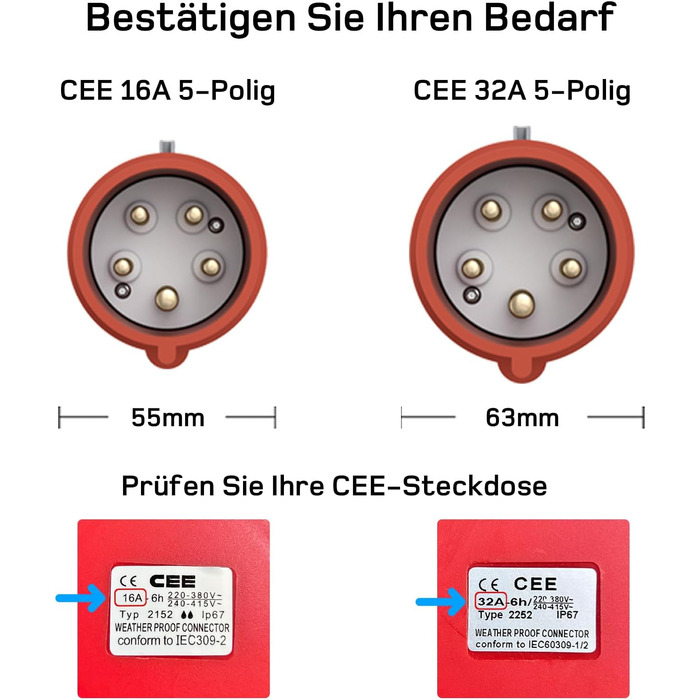 Мобільна зарядна станція/Wallbox Dé 11 кВт (3-фазна) з регульованою потужністю, кабель CEE 16A на Typ 2, сумісна з Model Y/3, ID.3/4/5, MG4, EX30, e-up, e-tron, Zoe та інші електромобілі