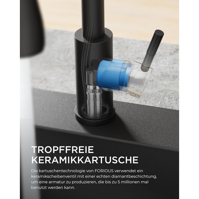 Кран кухонний FORIOUS з висувною лійкою, 360° обертання, 2 режими, матовий чорний