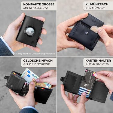 Чоловічий шкіряний гаманець PURISTO KLIK Classic Slim з відділенням для монет та RFID-захистом - компактний картхолдер для 10-14 карток (Чорний, AirTag XL)