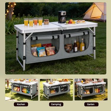 Складний алюмінієвий кемпінговий стіл WOLTU з регульованою висотою та полицями для зберігання, білий+сірий - для пікніка, пляжу, саду