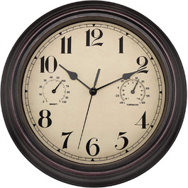Foxtop Funk Wall Clock, Indoor Outdoor Weatherproof Wall Clock with Temperature Display and Hygrometer, No Ticking Sound Silent Retro Clock for Terrace Bathroom Kitchen Living Room Home Decor (Bronze, 30cm) (Bronze)