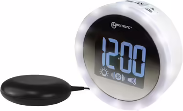 Alarm clock with 95dB loud alarm, flashing light, and vibrating cushion - Geemarc Wake 'N' Shake Star wakes up late sleepers, the hard of hearing, and the deaf - USB charger - Version DE