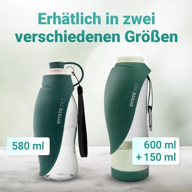 Турбувачка для собак Emmi-pet 600 мл з контейнером для корму 150 мл – портативна пляшка для води та їжі для собак, ідеальна для подорожей, прогулянок та активного відпочинку. Гігієнічна, легка в очищенні. Аксесуар для собак. Зелений колір, 580 мл