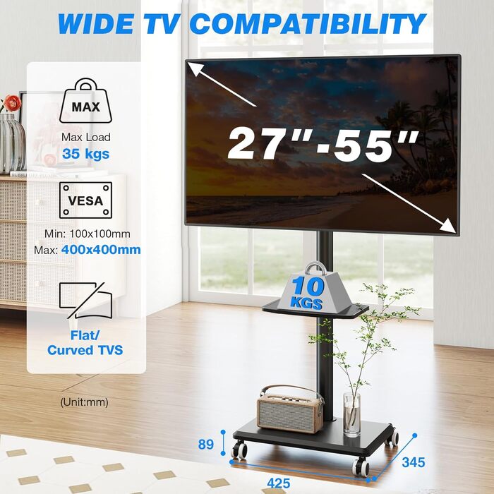 Мобільна тумба під телевізор з поличкою для ТВ 27-60 дюймів, чорна. Поворотна, регульована по висоті, до 40 кг, VESA 400x400