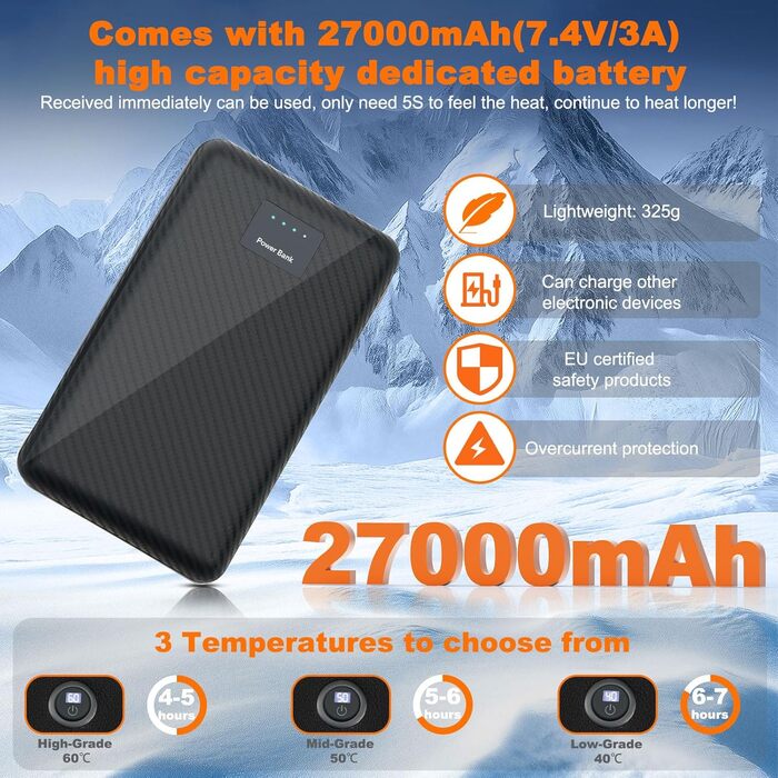 Обогревна жилетка з powerbank 27000mAh для чоловіків та жінок, 14 зон обігріву, 3 температурні режими, для активного відпочинку, мотоцикла, риболовлі, кемпінгу, катання на лижах, чорна
