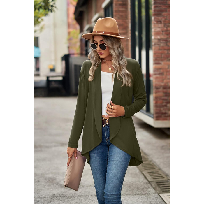 Кардиган жіночий з довгими рукавами, відкритий спереду, в'язаний, однотонний, модель водоспад, світшот, верхній одяг, армійний зелений