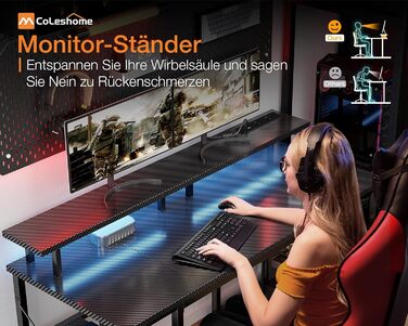 Ігровий стіл Coleshome з LED-підсвічуванням 120x50 см, з 2 розетками та 2 USB-портами, стіл для комп'ютера з підставкою для монітора та місцем для зберігання, для дому та офісу, чорний