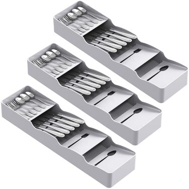 Органайзер для столових приборів Lifewit в шухляду, 4 відділення, 40 см, сірий пластиковий контейнер для ложок, виделок, ножів (3 шт)