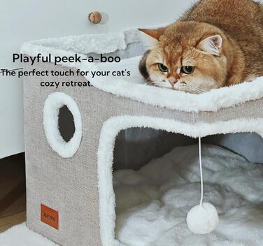 Large Cat Cave Bed for House Cats, Foldable Pet House, Cube with Scratch Pad, Kitten Cave, Cat Hideaway Cute Hut with Soft Cushion Mat, Beige, 43.2 x 43.2 x 33 cm