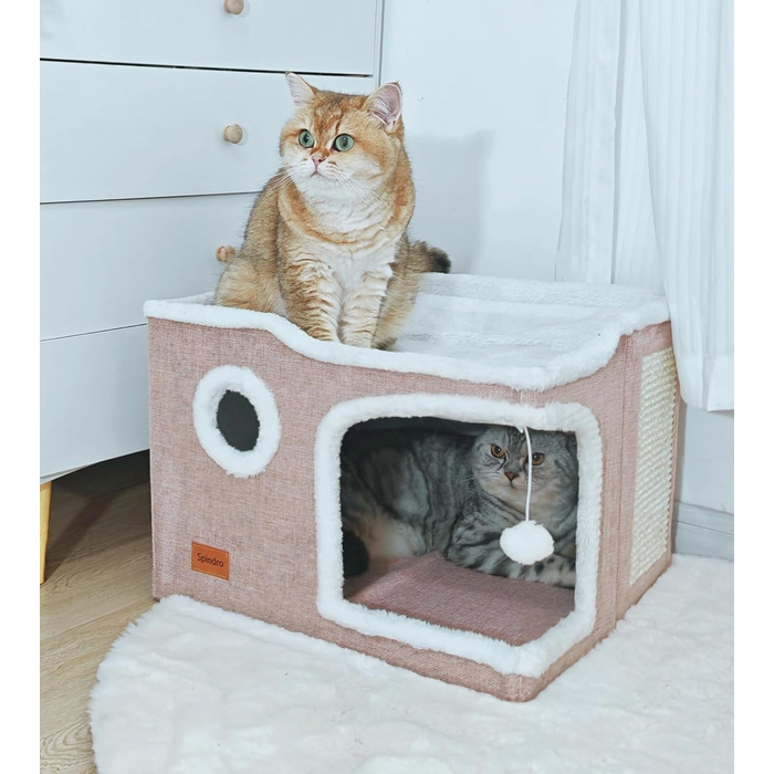 Spindro Cat Cave Cat Bed Large, Cat House Indoor Cat Sleeping Place with Removable Sherpa Cat Cushion and Hanging Toy, Cat Bed, Light Grey 42x42x33cm (2 level (42cmx42cmx33cm), Pink)