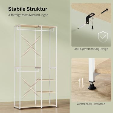 Вільна вішалка для одягу WOLTU з полицею, для спальні/коридору, стабільна, з дерева та металу, білий + світлий дуб