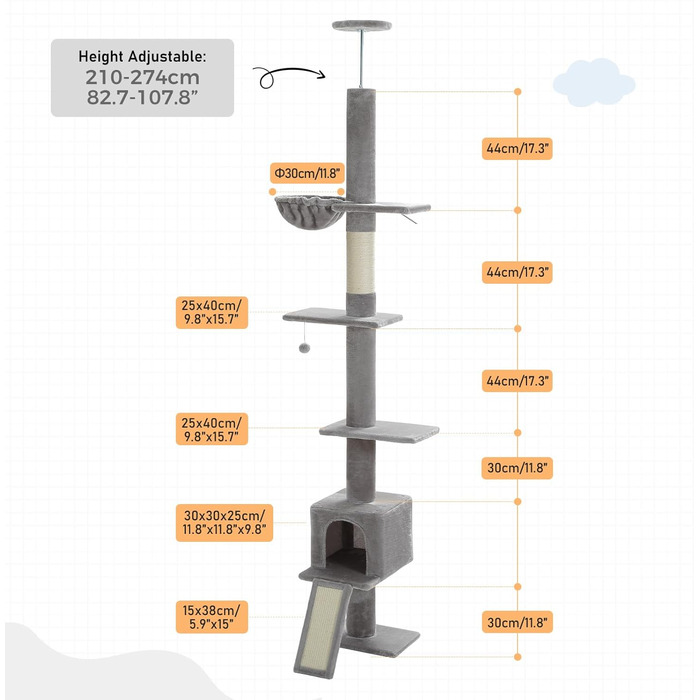 Кігтеточка PAWZ Road - багатоярусна кімнатна для котів з гамаком та будиночком, регульована висота (216-273 см), сірого кольору