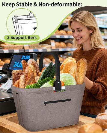 Складаний кошик для покупок 35L з 2 стійками, стабільний сімейний кошик з алюмінієвою ручкою, водонепроникний кошик для пікніка, практичний кошик для перенесення, великий для подорожей, кемпінгу, покупок, подарунка - Хакі