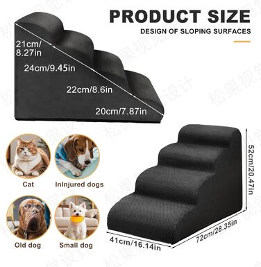 Сходинки для собак, 4 сходинки, для ліжка та дивана, з щільного поролону, знімний чохол, для маленьких собак, колір чорний