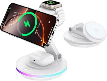 Зарядний пристрій MagSafe 3-в-1 для Apple Watch та iPhone, складний, поворотний з регулюванням світла, бездротовий зарядний станція MagSafe для iPhone 16/15/14, AirPods (без адаптера)