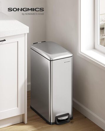 Степле́р SONGMICS для кухні, 48 літрів, вузький, з м'яким закриттям, з відром, з нержавіючої сталі, 15 мішків у комплекті, сріблястий