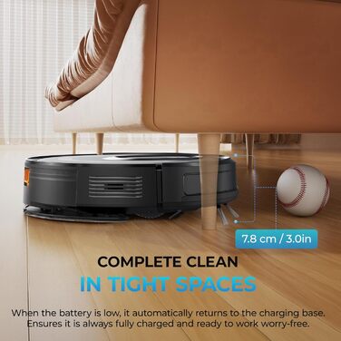 Робот-пилосос з функцією миття, 4200Pa, 130 хв роботи, для високих порогів, гладких поверхонь та тиха робота, система захисту від заплутування, керування через додаток/Alexa/Wi-Fi, для шерсті тварин, килимів та підлоги, чорний
