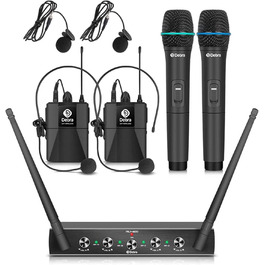 Debra 4-канальний UHF мікрофонний комплект, AU400: ручний, нагрудний, наголовний мікрофон для церкви, караоке, співу (2 ручні + 2 нагрудні мікрофони)