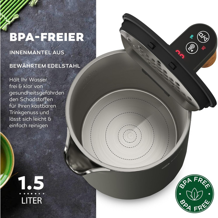 BALTER Stainless Steel Kettle with Temperature Setting, 45°C-100°C, Double-Walled, BPA Free, Quiet & Cordless, Keep Warm Function, Tea Kettle with Temperature Display, 1.5L, 2200W, Black (Blue Gray)