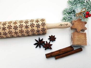 Snowflake Rolling Pin with Pattern Christmas Baking - Dough Roller Wood for DIY Christmas Cookies and Ceramics - Engraved Cookie Roller with Motif - 3D Cookie Roller by Algis Crafts