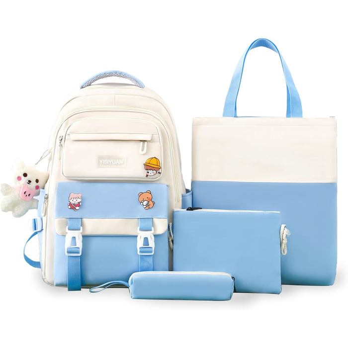 Шкільний рюкзак Tanou для дівчаток 4-х частинний, для 3-7 класів, з пеналом та сумкою через плече, блакитний