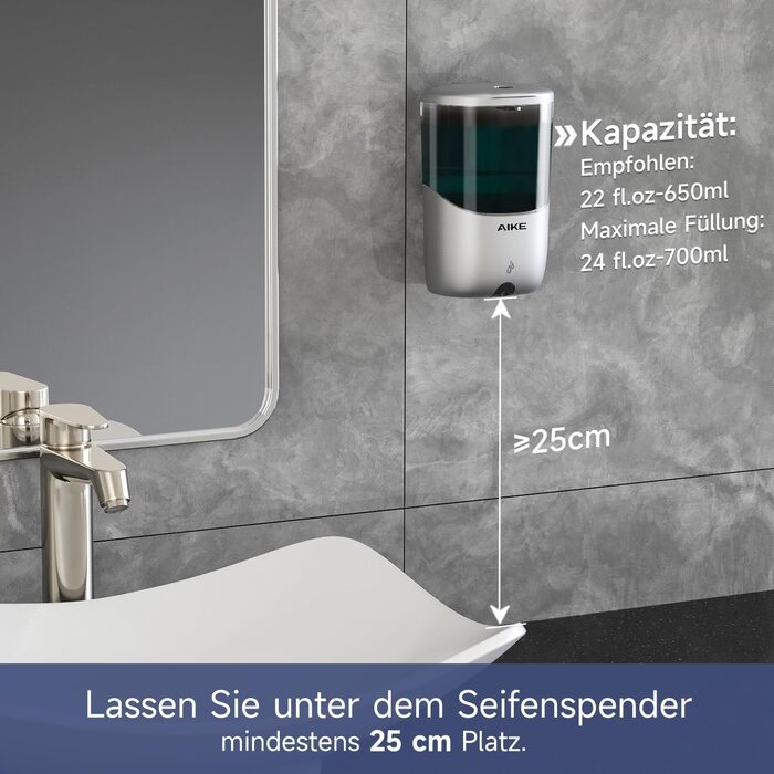 AIKE Soap Dispenser Automatic Wall Mount, 650 ml Silver Soap Dispenser Wall Mounting, Liquid Soap Dispenser for Bathroom and Kitchen, Model AK1216