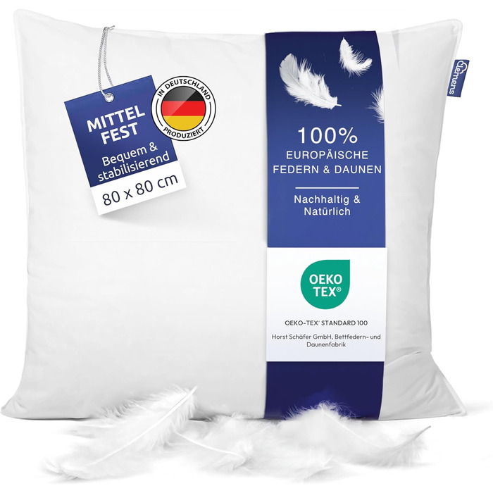 Clemens Down Pillow 80x80 cm Medium Firmness (1800g) High-Quality European Feathers 85% & Down 15% Made in Germany, Popular Pillow for Back & Side Sleepers - Down Feather Pillow Stabilizing Medium Firmness 80 x 80 cm