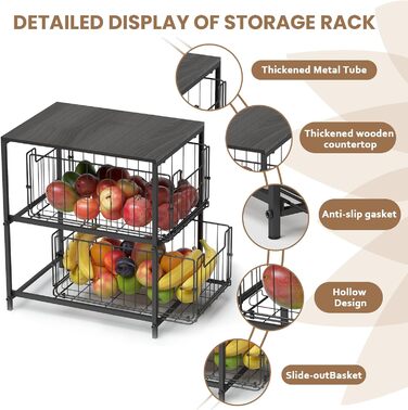 Meltrck Spice Rack and Kitchen Organizer, 2-Tier Pull-Out Kitchen Organizer, Metal and Wood Composite for Kitchen, Countertop, Pantry, and Dining Room (Black)