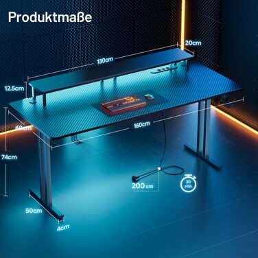 Ігровий стіл HLONONE з LED-підсвіткою та розеткою, 160 x 60 см, комп'ютерний стіл для геймерів, чорний