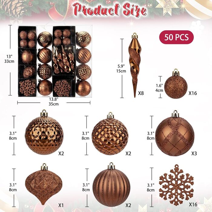 50 шт. прикраси на ялинку: сині ялинкові кулі, ударостійкі, для ялинки, декор, (мідно-бронзові)