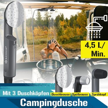 Портативний душ KESSER для кемпінгу з акумулятором, 12В, USB зарядка, занурювальний насос, ручна лійка, для авто, саду, домашніх тварин, у комплекті сумка, антрацит/чорний