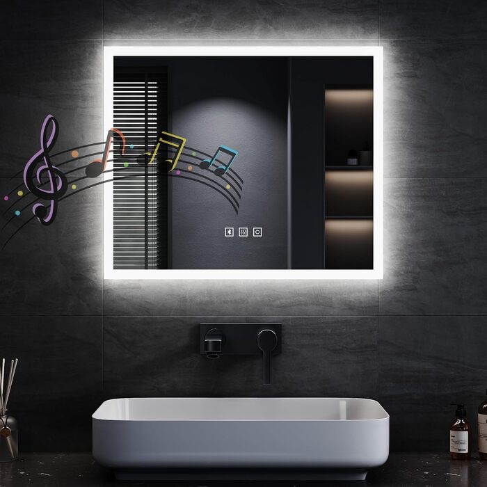 Дзеркало для ванної кімнати SONNI з LED-підсвічуванням, 100 x 60 см, антизапарник, IP44, сенсорне керування, 3 кольори світла, білий