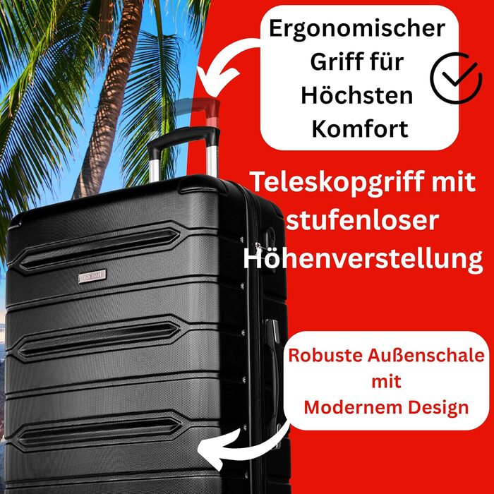 Чемодан NOWI Rhodos – 3-секційний, з жорсткою обшивкою ABS, кодований замок, 4 подвійні колеса, розширювана кишеня, поворот на 360°, легкий та міцний – валіза на колесах розміром M, L, XL (Чорний, L)