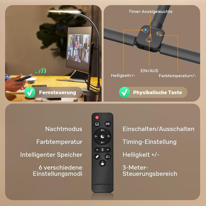 APMIEK LED Desk Lamp with Adjustable Gooseneck - 24W, 80cm, Dimmable, Eye-Protection, Clamp-On, Daylight Task Lamp for Office & Home