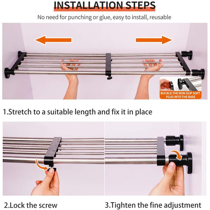 Hershii 50-80cm Extendable Closet Shelf Rod, Adjustable Closet Organizer, Pull-Out Closet Divider, Clothes Rod, Closet Metal Storage, for Wardrobe, Kitchen, Bathroom, Black