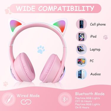 Дитячі навушники AXFEE з Bluetooth, котячі вушка, LED-підсвічування, Over-Ear, стерео, бездротові, з мікрофоном, Micro SD/TF, для телефону/планшета/ПК