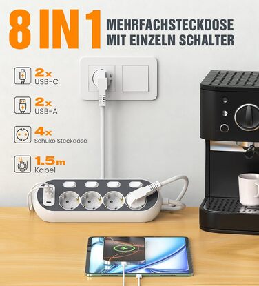 Мережевий фільтр з USB, індивідуальне вмикання розеток, 4 розетки, 2 USB-C, 8 в 1 з вимикачем, адаптер з кабелем 1,5м для кухні, дому, офісу